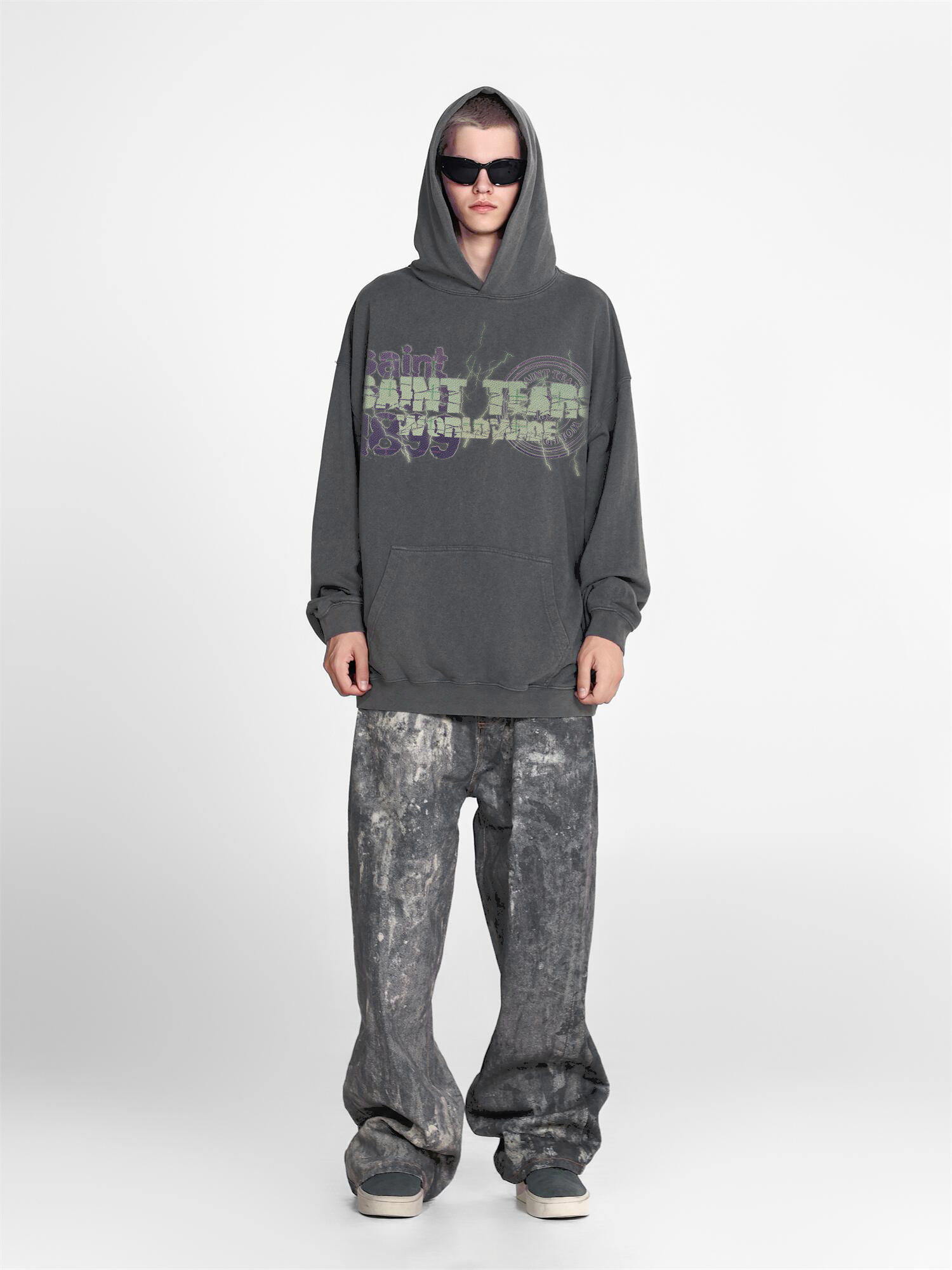 Saint Mich@el tears washed distressed salt-treated 400g heavy-weight vintage terry cloth hoodie in gray