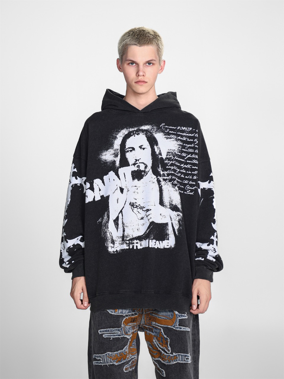 Saint Mich@el tears washed distressed salt-treated 400g heavy-weight vintage terry cloth hoodie