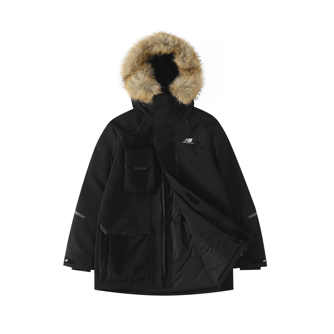 New Balance Solid-color Fur-trimmed Mid-length Hooded Down Jacket