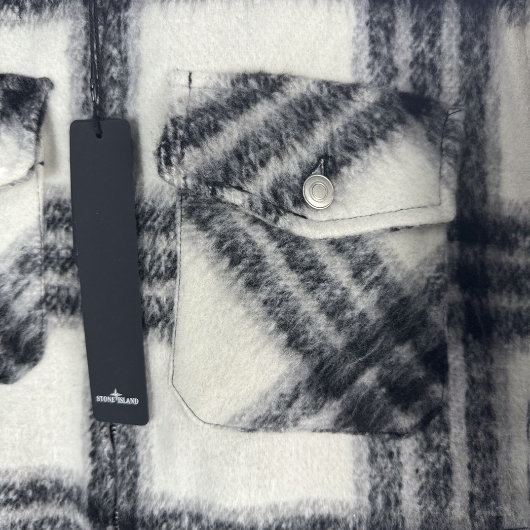 Stone 1sland Black and White Checkered Wool-cotton Padded Jacket